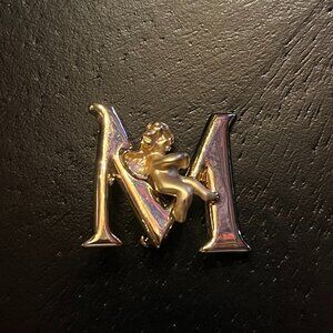 Vintage Gold Tone Initial "M" Brooch with Cherub Signed L. Razza